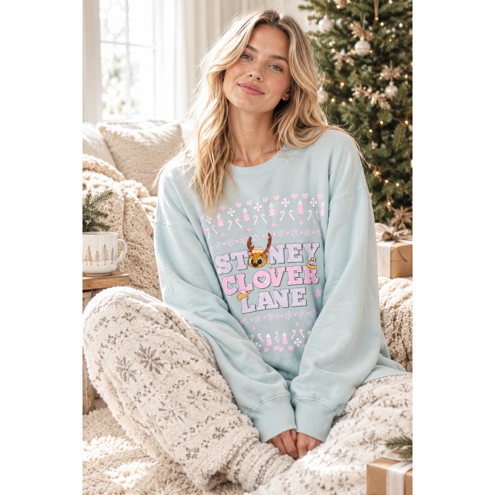 Stoney Clover Lane Holiday Graphic Sweatshirt Reindeer Light Blue Pullover S/M